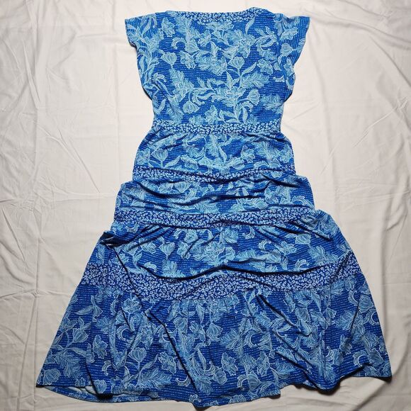 Lauren Ralph Lauren Womens 8 Short Sleeve V Neck Floral Midi Dress Blue White - Picture 2 of 9